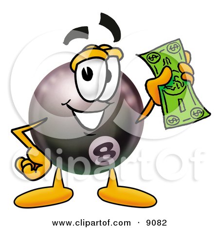 Clipart Picture of an Eight Ball Mascot Cartoon Character Holding a Dollar Bill by Mascot Junction