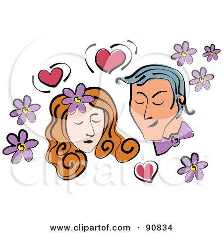 Royalty-Free (RF) Clipart Illustration of a Couple With Flowers And Hearts Around Their Faces by Prawny