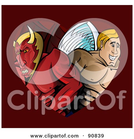 Royalty-Free (RF) Clipart Illustration of a Male Angel And Devil In A Heart On Red by Paulo Resende