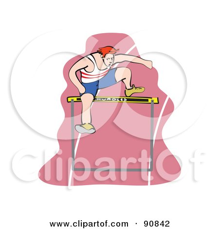 Royalty-Free (RF) Clipart Illustration of a Red Haired Male Athlete Jumping A Hurdle On A Track by Prawny