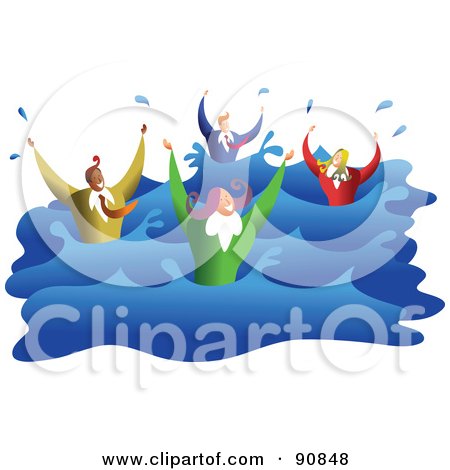 Royalty-Free (RF) Clipart Illustration of a Business Team Of Four Drowning And Splashing In Water by Prawny