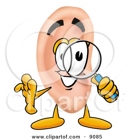 Clipart Picture of an Ear Mascot Cartoon Character Looking Through a Magnifying Glass by Mascot Junction