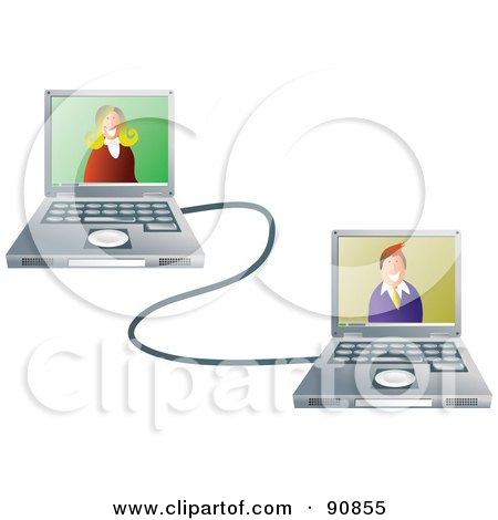 Royalty-Free (RF) Clipart Illustration of a Man And Woman In Connected Laptops by Prawny