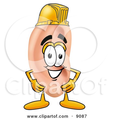 Clipart Picture of an Ear Mascot Cartoon Character Wearing a Helmet by Mascot Junction