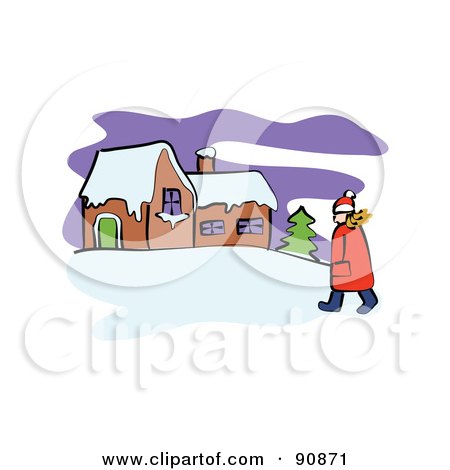 Royalty-Free (RF) Clipart Illustration of a Girl Walking In The Snow Towards A Home by Prawny