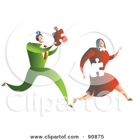 Royalty-Free (RF) Clipart Illustration of a Businessman Chasing After A Woman, Holding Her Missing Puzzle Piece by Prawny