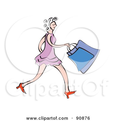 Royalty-Free (RF) Clipart Illustration of a Woman In A Purple Dress And Red Heels, Carrying Shopping Bags by Prawny