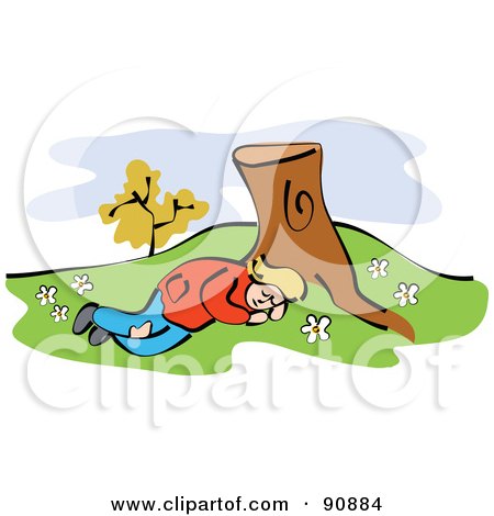 Royalty-Free (RF) Clipart Illustration of a Tired Girl Sleeping At The Base Of A Tree Stump by Prawny