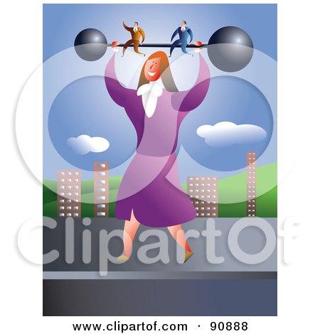 Royalty-Free (RF) Clipart Illustration of a Strong Businesswoman Holding Up Two Men On A Barbell by Prawny
