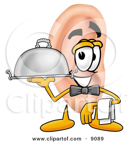 Clipart Picture of an Ear Mascot Cartoon Character Dressed as a Waiter and Holding a Serving Platter by Mascot Junction