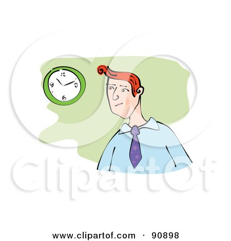 Royalty-Free (RF) Clipart Illustration of a Red Haired Businessman Glancing At A Wall Clock by Prawny