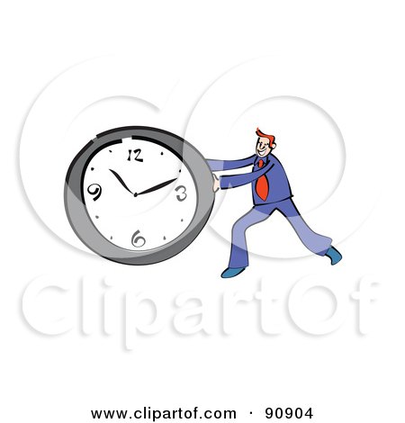 Royalty-Free (RF) Clipart Illustration of a Red Haired Businessman Pushing A Wall Clock by Prawny