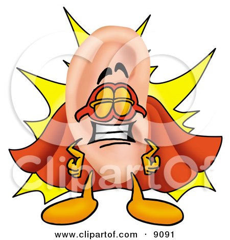 Clipart Picture of an Ear Mascot Cartoon Character Dressed as a Super Hero by Mascot Junction