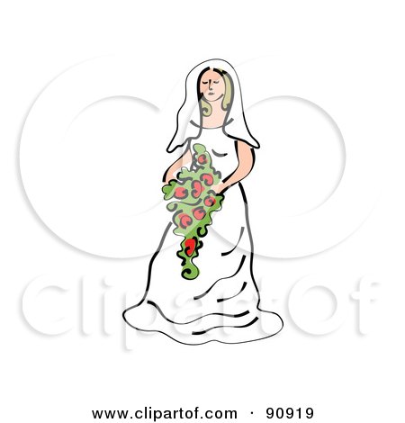 Royalty-Free (RF) Clipart Illustration of a Pretty Bride In A Gown, Holding A Large Bouquet by Prawny