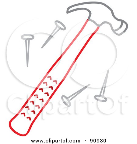 Royalty-Free (RF) Clipart Illustration of a Red Hammer With Nails by Rosie Piter