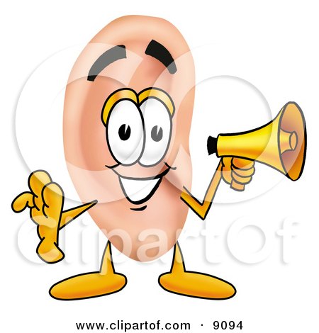 Clipart Picture of an Ear Mascot Cartoon Character Holding a Megaphone by Mascot Junction