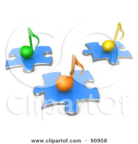 3d Green, Orange And Yellow Music Notes On Blue Puzzle Pieces Posters, Art Prints