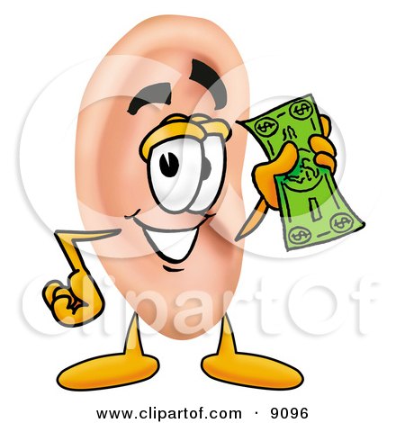 Clipart Picture of an Ear Mascot Cartoon Character Holding a Dollar Bill by Mascot Junction