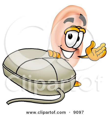 Clipart Picture of an Ear Mascot Cartoon Character With a Computer Mouse by Mascot Junction