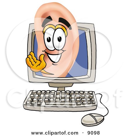 Clipart Picture of an Ear Mascot Cartoon Character Waving From Inside a Computer Screen by Toons4Biz