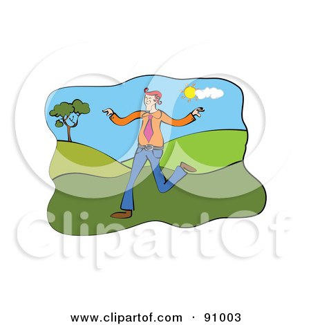 Royalty-Free (RF) Clipart Illustration of a Businessman Running And Flapping His Arms In A Hilly Landscape by Prawny