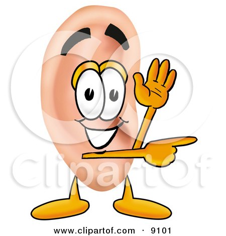 Clipart Picture of an Ear Mascot Cartoon Character Waving and Pointing by Mascot Junction
