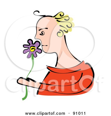 Royalty-Free (RF) Clipart Illustration of a Blond Woman Smelling A Purple Flower by Prawny