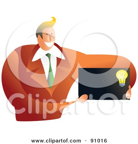 Royalty-Free (RF) Clipart Illustration of a Businessman Holding A Blank Light Bulb Business Card by Prawny
