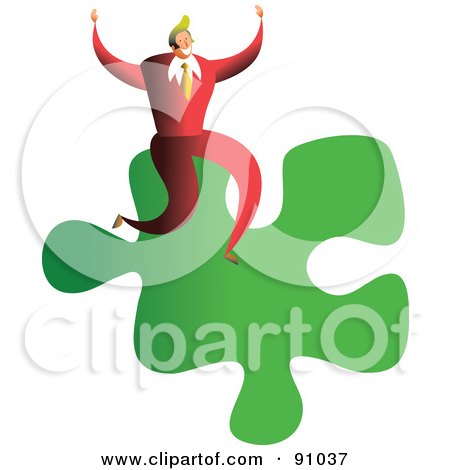Royalty-Free (RF) Clipart Illustration of a Successful Businessman Sitting On A Puzzle Piece by Prawny