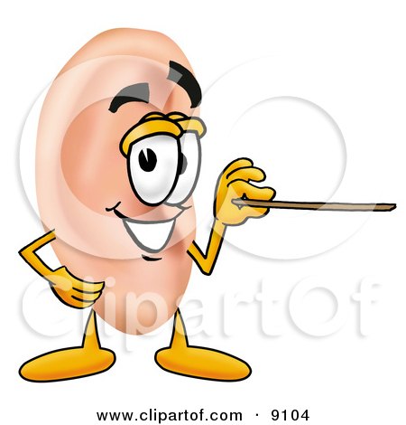 Clipart Picture of an Ear Mascot Cartoon Character Holding a Pointer Stick by Mascot Junction