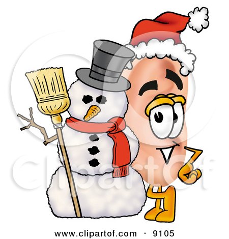 Clipart Picture of an Ear Mascot Cartoon Character With a Snowman on Christmas by Mascot Junction