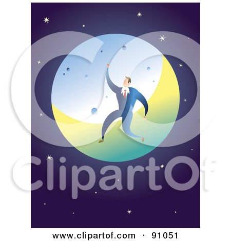 Royalty-Free (RF) Clipart Illustration of a Businessman Leaping In Front Of The Moon Against A Starry Universe by Prawny