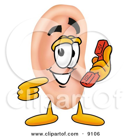 Clipart Picture of an Ear Mascot Cartoon Character Holding a Telephone by Mascot Junction