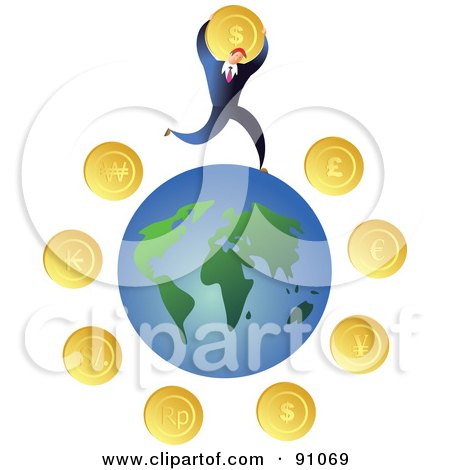 Royalty-Free (RF) Clipart Illustration of a Businessman And Coins Around A Globe by Prawny