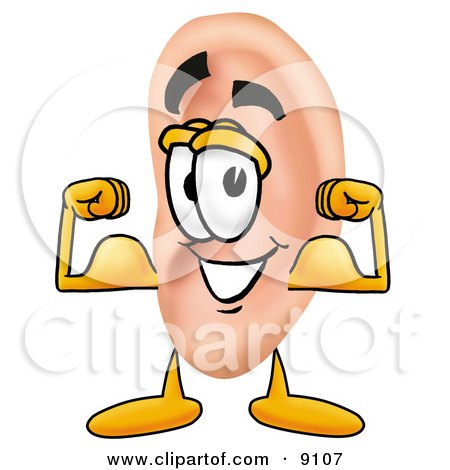 Clipart Picture of an Ear Mascot Cartoon Character Flexing His Arm Muscles by Mascot Junction