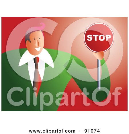 Royalty-Free (RF) Clipart Illustration of a Friendly Businessman Holding A Stop Sign by Prawny