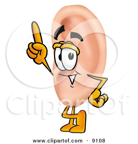 Clipart Picture of an Ear Mascot Cartoon Character Pointing Upwards by Mascot Junction
