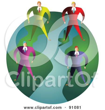 Royalty-Free (RF) Clipart Illustration of a Team Of Businessmen Standing On A Globe by Prawny