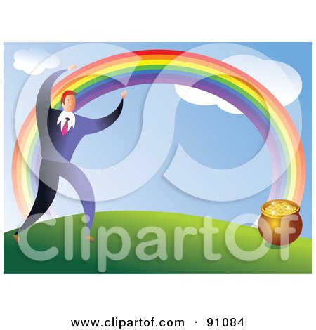 Royalty-Free (RF) Clipart Illustration of a Businessman Following A Rainbow To Find A Pot Of Gold by Prawny