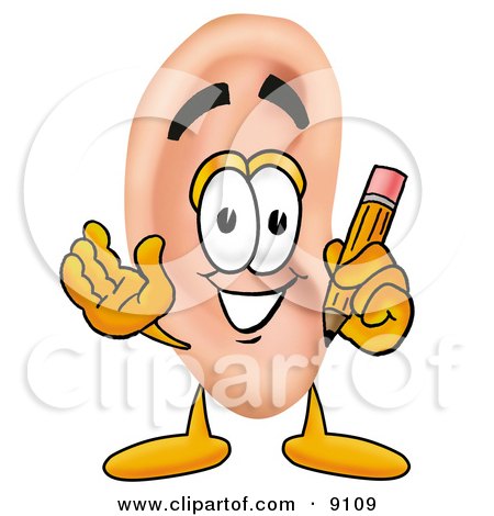 Clipart Picture of an Ear Mascot Cartoon Character Holding a Pencil by Mascot Junction