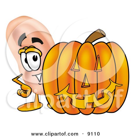 Clipart Picture of an Ear Mascot Cartoon Character With a Carved Halloween Pumpkin by Mascot Junction