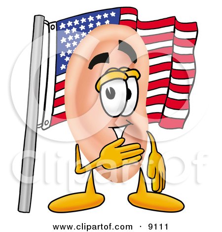 Clipart Picture of an Ear Mascot Cartoon Character Pledging Allegiance to an American Flag by Mascot Junction