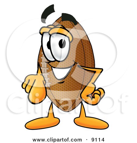 Clipart Picture of a Football Mascot Cartoon Character Pointing at the Viewer by Mascot Junction
