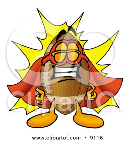 Clipart Picture of a Football Mascot Cartoon Character Dressed as a Super Hero by Mascot Junction