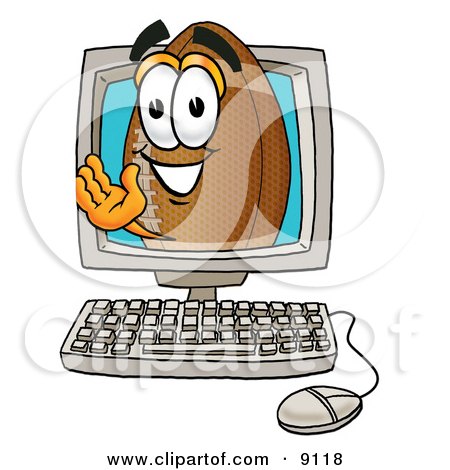 Clipart Picture of a Football Mascot Cartoon Character Waving From Inside a Computer Screen by Mascot Junction