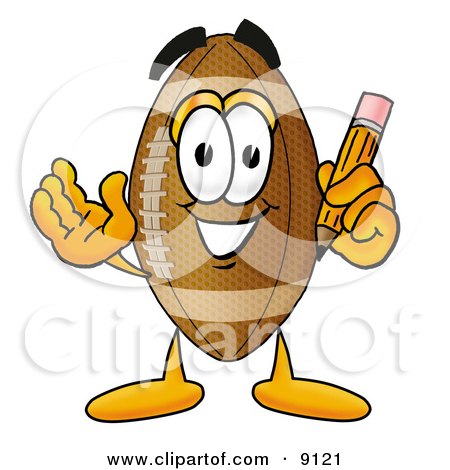 Clipart Picture of a Football Mascot Cartoon Character Holding a Pencil by Mascot Junction
