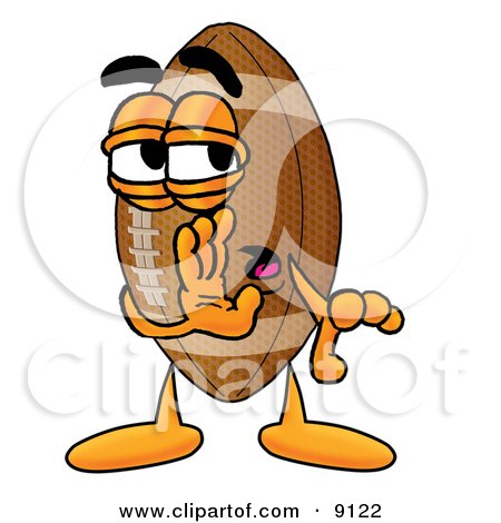 Clipart Picture of a Football Mascot Cartoon Character Whispering and Gossiping by Mascot Junction