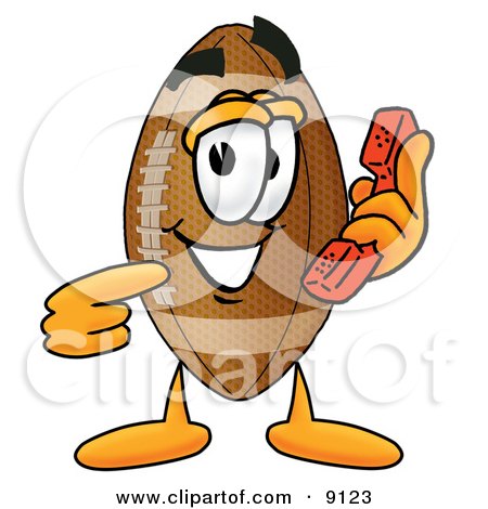 Clipart Picture of a Football Mascot Cartoon Character Holding a Telephone by Mascot Junction