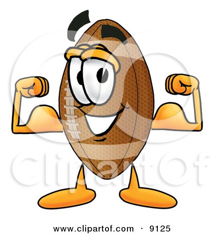 Clipart Picture of a Football Mascot Cartoon Character Flexing His Arm Muscles by Mascot Junction