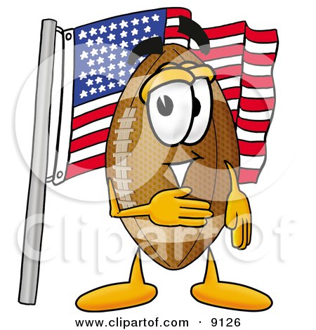 Clipart Picture of a Football Mascot Cartoon Character Pledging Allegiance to an American Flag by Mascot Junction